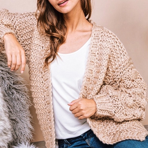 Honeycomb Sleeve Fuzzy Cardigan Knit Sweater Taupe - Picture 4 of 7